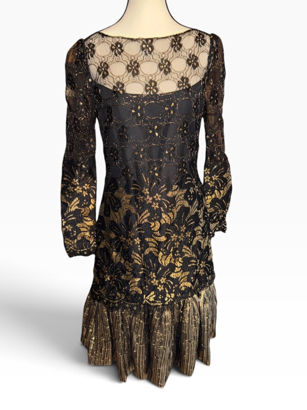 Vintage 80s Black Gold Lace Cocktail Dress Sheer Long Sleeve Metallic Party EUC